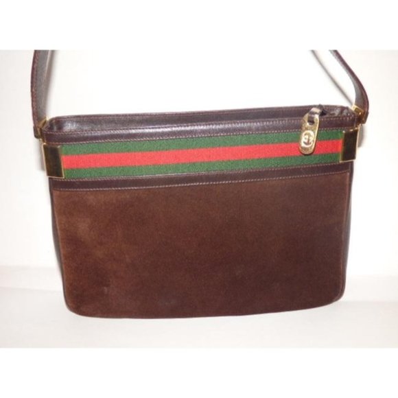Gucci Vintage Brown Suede Leather Shoulder Bag with Red And Green - Picture 8 of 12